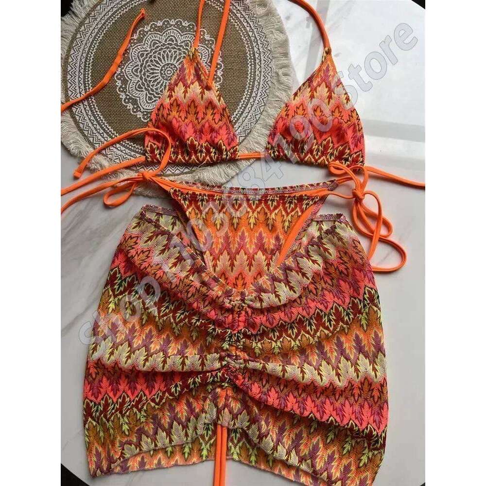 2025 Women Colored Maple Leaves Knitted Skirt Three-Piece Set Split Swimsuit Bikini Y260303