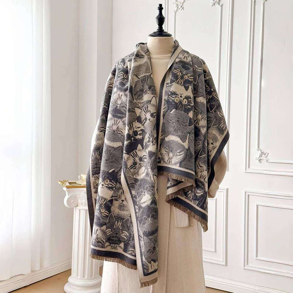 Women's Winter Fashion Warm Cat-Patterned Faux Cashmere Poncho - Thick Pashmina Shawl Wrap XJ260304