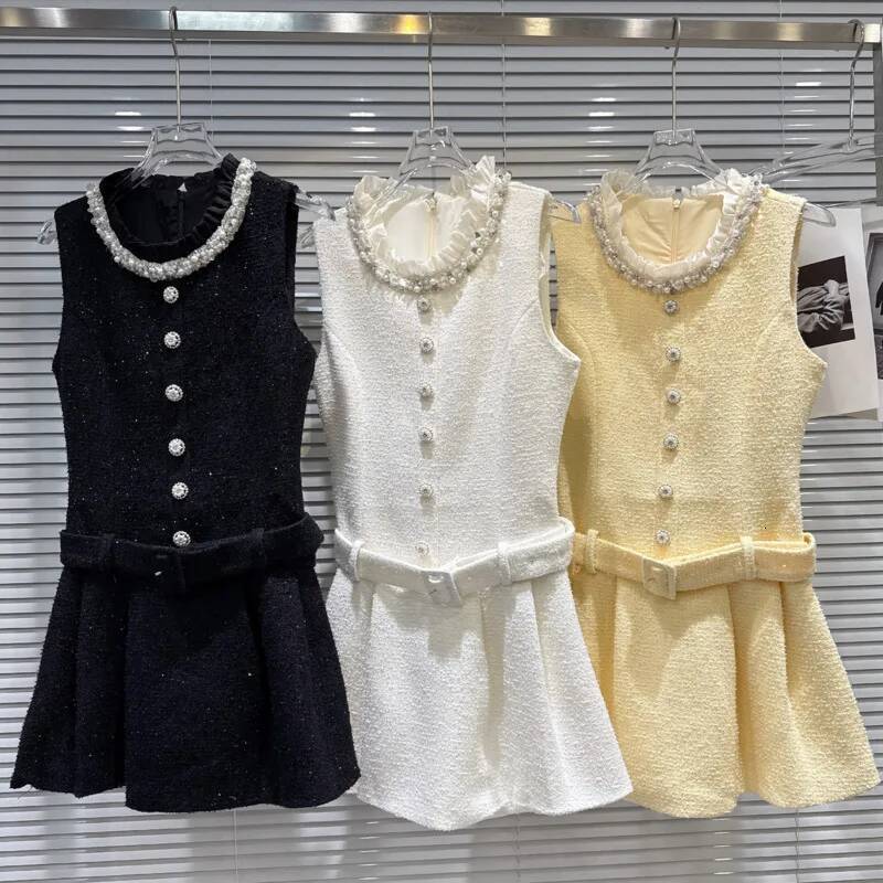 High Quality 2026 Spring Summer New French Luxury Small Fragrance Tweed Dresses For Women Pearl Collar Party Dress Robes Femmes
