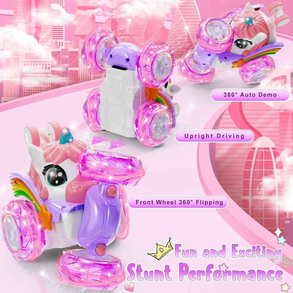 Unicorn Remote Control Car for Girls, 360 Rotating 4WD Stunt RC Cars with Cute Lights, Rechargeable Toys-Kid Birthday Gifts Z260303