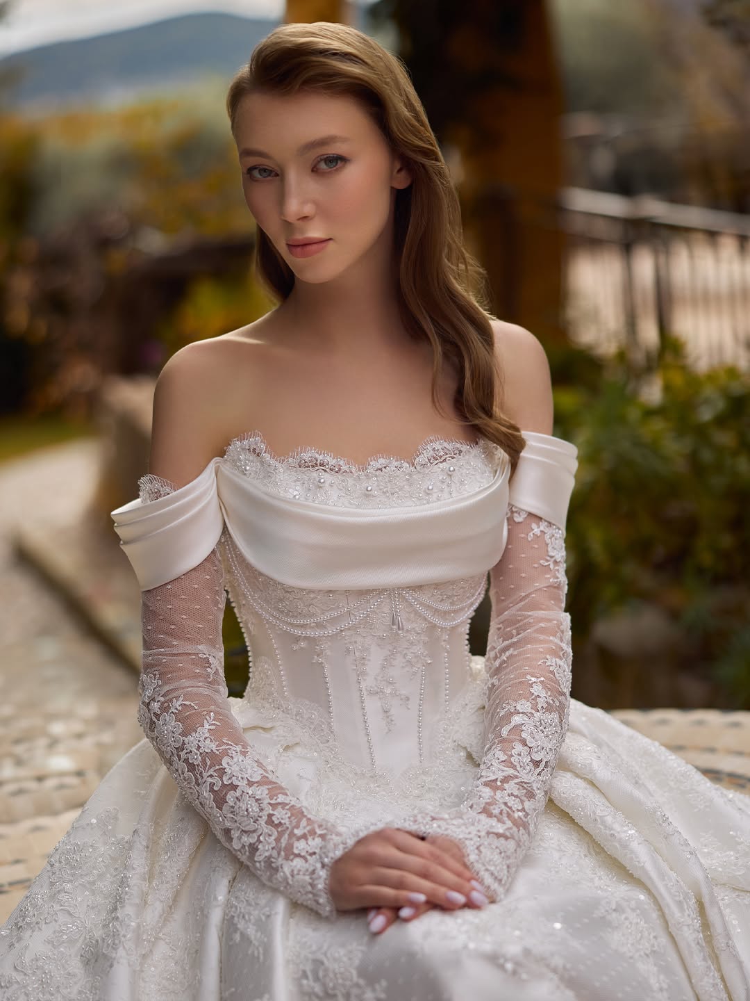 Graceful A Line Women Wedding Off Shoulder Long Sleeves Bridal Gowns Pearls Beaded Lace Sweep Train Dress Custom Made Vestidos De Novia D0306