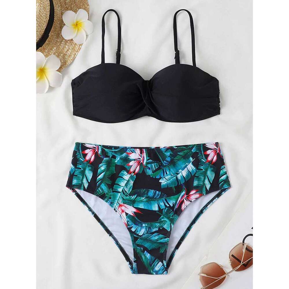 2025 Bandeau Swimsuit Women High Waist Bikini Printed Swimwear Female Padded Bathers Bathing Swimming Swim Suit Beachwear Y260303