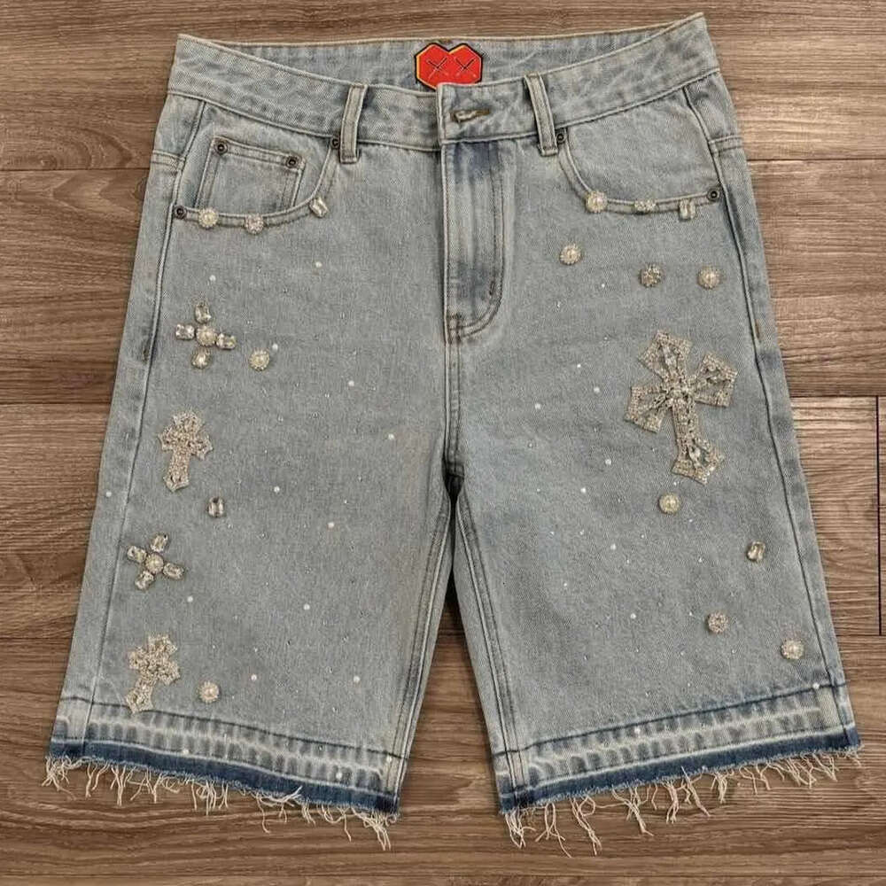 Men's Shorts Gothic Rhinestone Cross Embroidery Viral Denim Jorts Vintage Trend Gym Men Women Street Hip Hop Jean Short Men's Clothing
