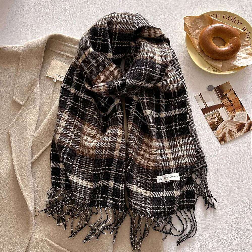 Winter Warmer Thickened Scarf For Women Plaid Print Tassel Pashmina Shawl Faux Cashmere Warps Autumn Elegant Ladies Blanket XJ260304