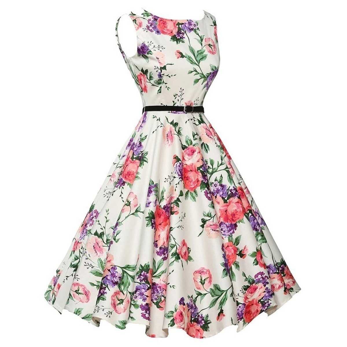 Summer Vestidos Dress Clothing Floral Robe Retro Swing Casual Vintage Rockabilly Dresses M260304