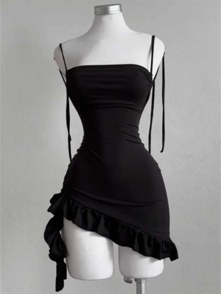 Sleeveless Backless Ruffles Mini Dress Women Summer Y2K Lace Up Black Bodycon Dresses Party Club Streetwear 2025 New Sundress M260304
