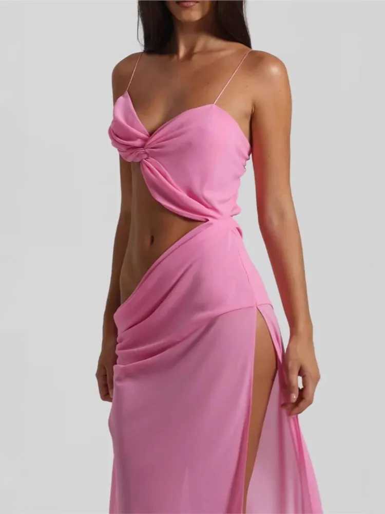 Solid Color Sexy Spaghetti Strap Slim Slit Long Dress Women Hollow Out Backless See Through Sleeveless Beach Party Dress Summer M260304