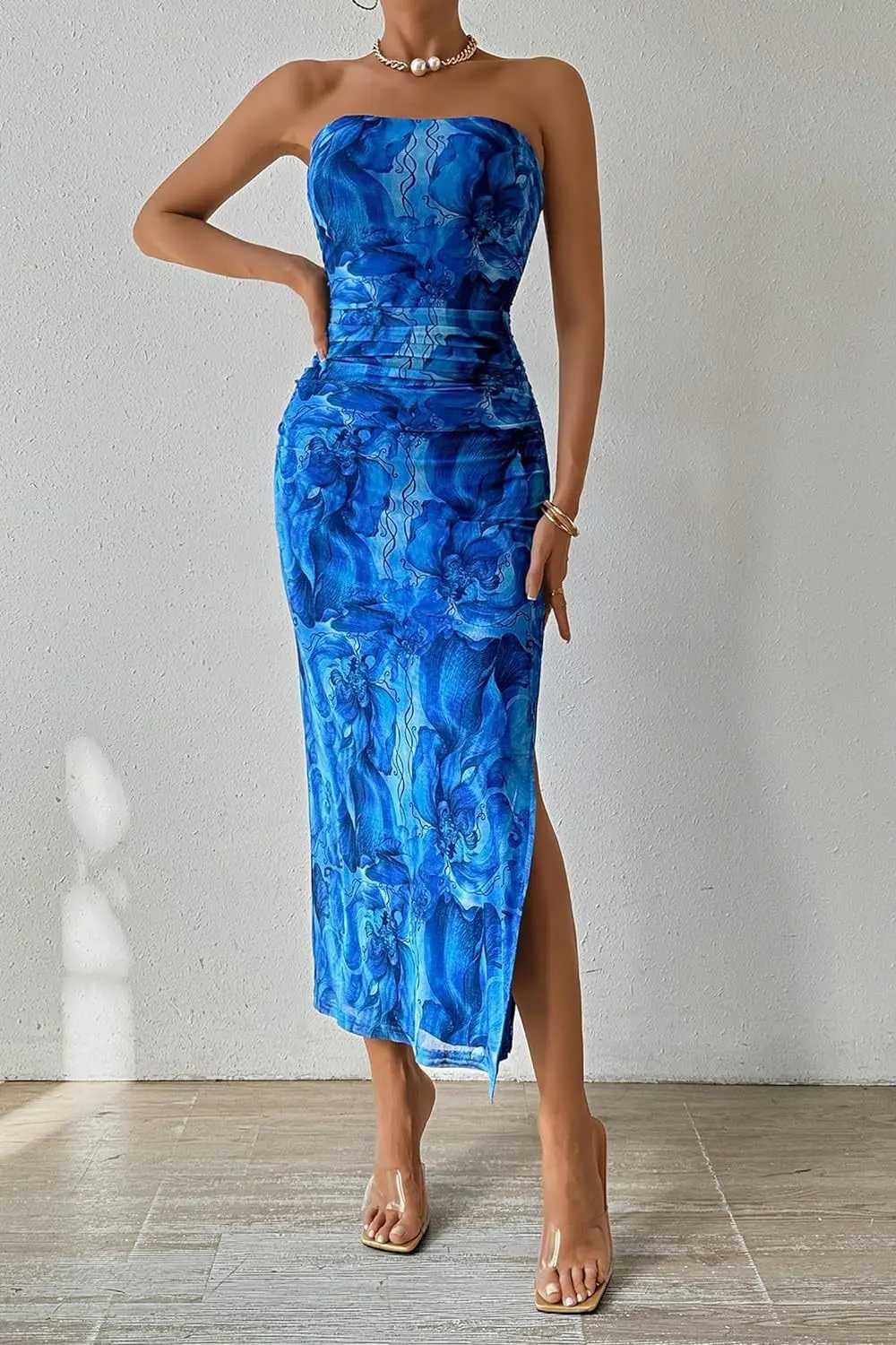 Summer Women Sexy Chestless Hem Slit Sleeveless Printed Dress M260304