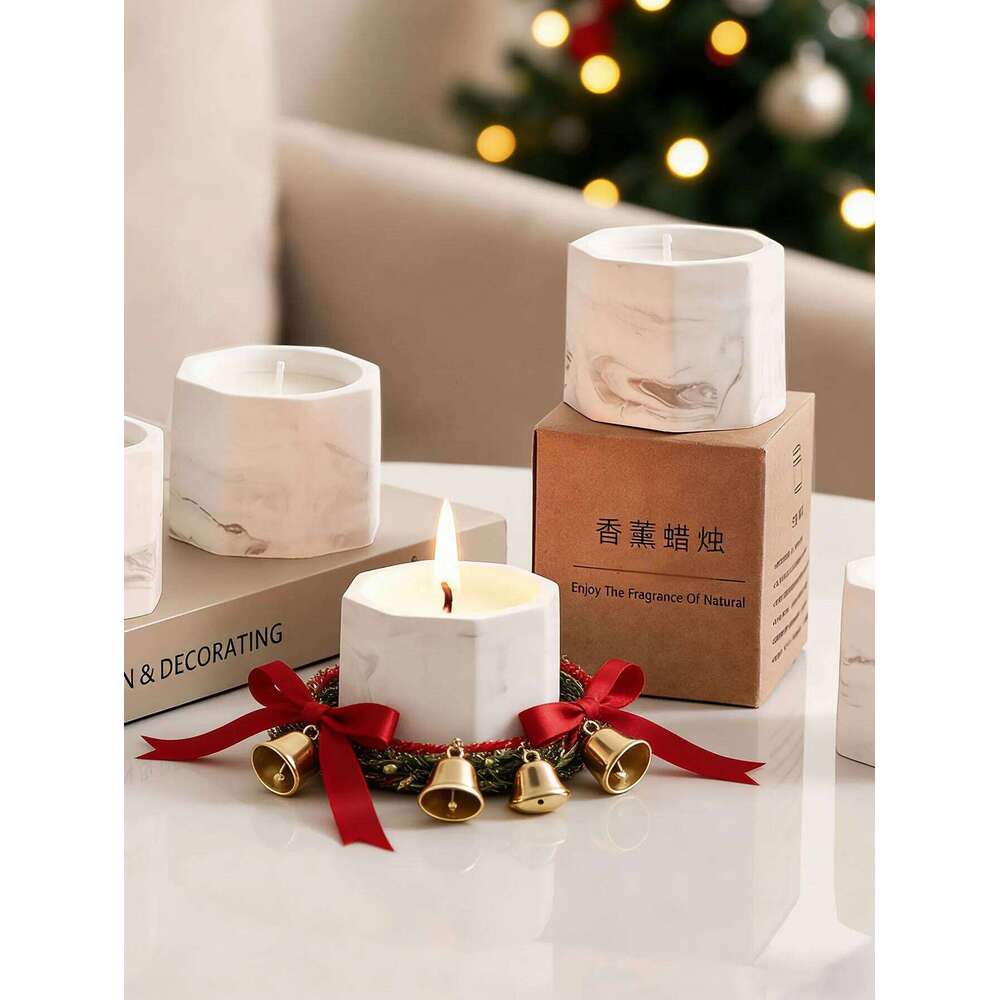 Marble-pattern octagonal cup scented candle, soy wax, smokeless fragrance, long-lasting burn W260304