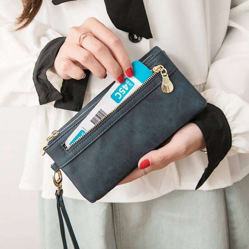 Large Capacity Women's Dull Polish Leather Double Zipper Clutch Wristlet Purse Phone Coin Card Holder Multi-pocket Wallet C260304
