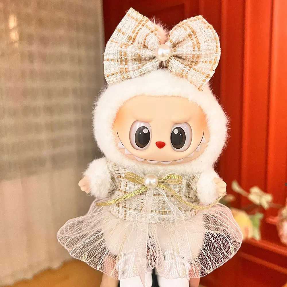 Cute Plush Overalls Set with Knit Hat & Heart Buckle for 17cm Labubu Sitting Party Dolls DIY Gift AccessoriesT260304