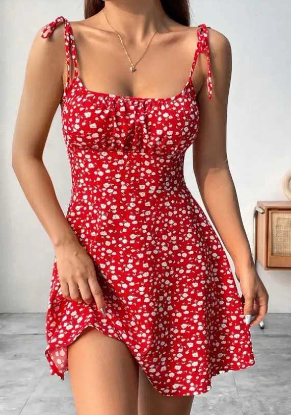 New Women Summer Floral Spaghetti Strap Sexy DressesMini DressBeach DressWoman ClothingShort DressesClothesSundress M260304