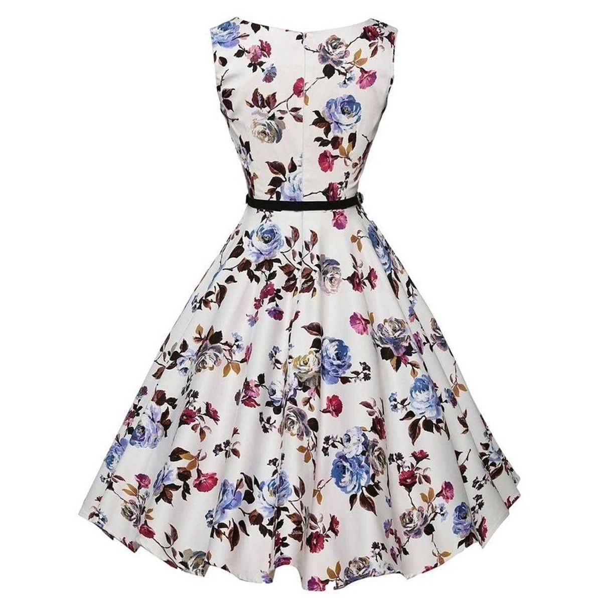 Summer Vestidos Dress Clothing Floral Robe Retro Swing Casual Vintage Rockabilly Dresses M260304