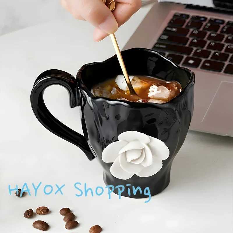 French Camellia Ceramic Coffee Mugs 3D White Rose Breakfast Milk Cup Coffee Cup Saucer Set High Quality Kitchen DrinkwareT260304