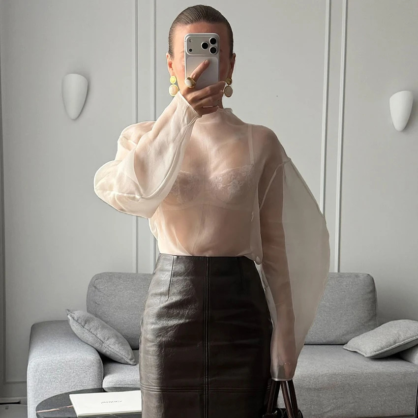 Linad Elegant Brown Mesh O Neck Blouse Women 2025 Sexy Apricot Sheer Shirt Female Autumn Street Chic Loose Long Sleeve Tops 260227