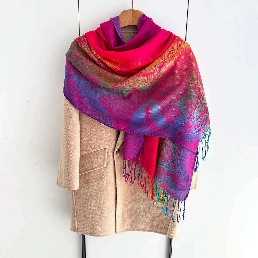 Rainbow Colors Winter Warm Thick Ethnic Style Jacquard Scarf Women Travel Muslim Hijab Cashmere Tassel Shawl Wrap Pashmina XJ260304