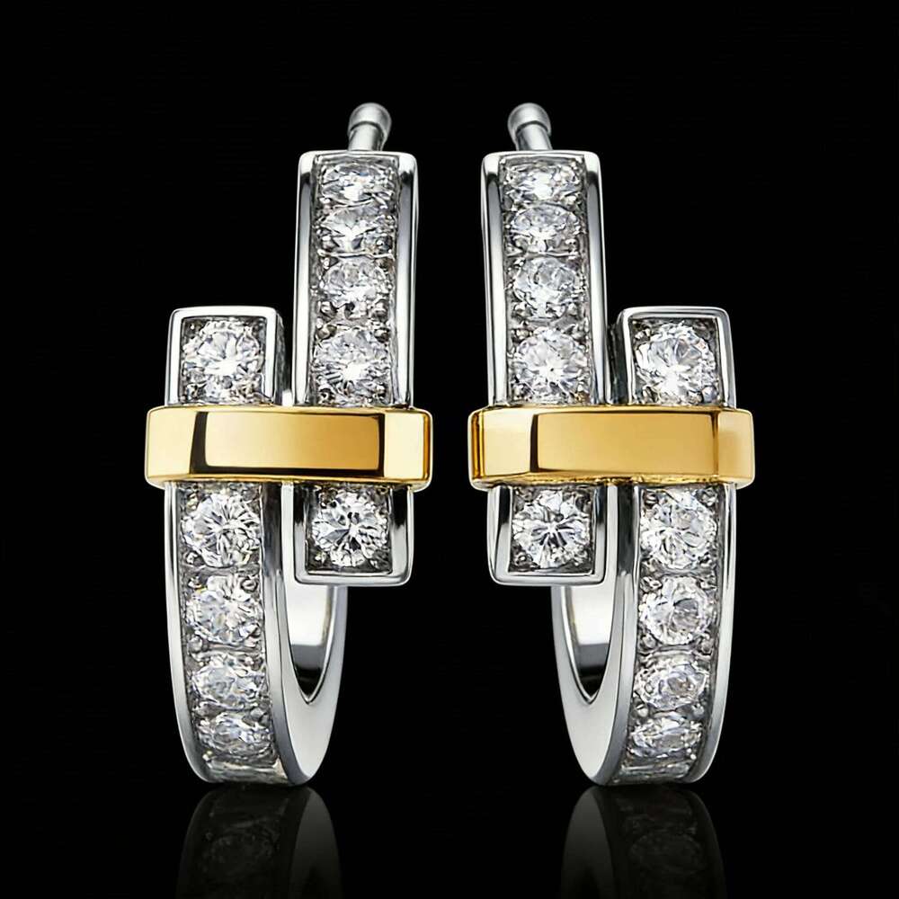 Stylish Sterling Silver Two Tone Interlaced Women S Style Zircon Set Stud Earrings Luxury Party Jewelry