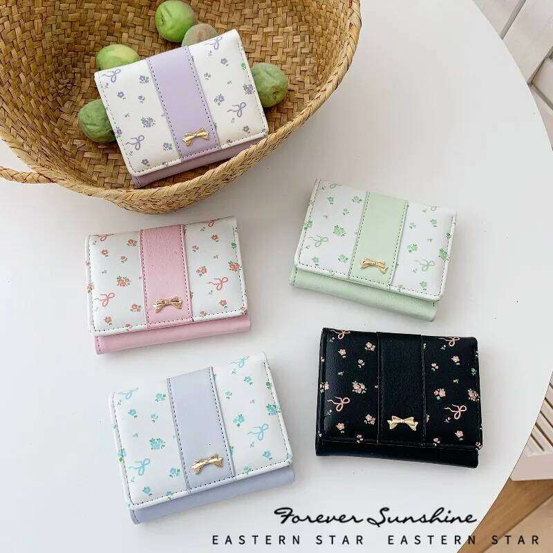 Floral Bow Wallet Schoolgirl Short Fold INS Sweet Style Coin Purse for Girls Kawaii Vintage Kpop Photocard Holder C260304