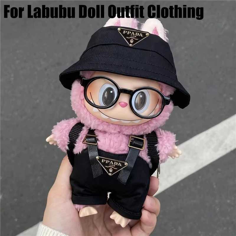 Luxury Triangle Badge Set with Bucket Hat, Overalls & Retro Glasses for 15cm 17cm Labubu Dolls Trendy Outfit AccessoriesT260304