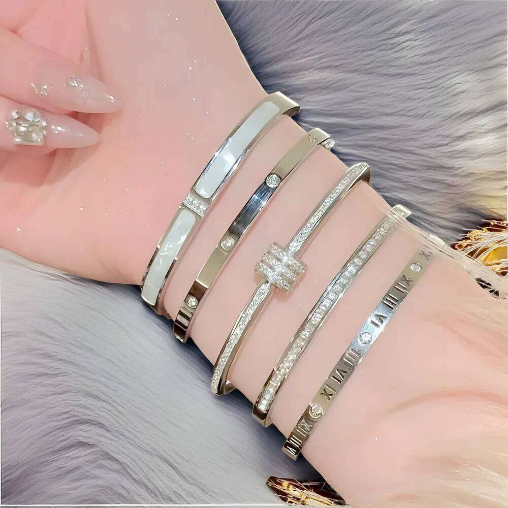 Yupsk 5Pcs/set Silver Color Stainless Steel Bracelet Shiny Zircon Inlaid Stackable Bangles Female Jewelry Gift XJ260303