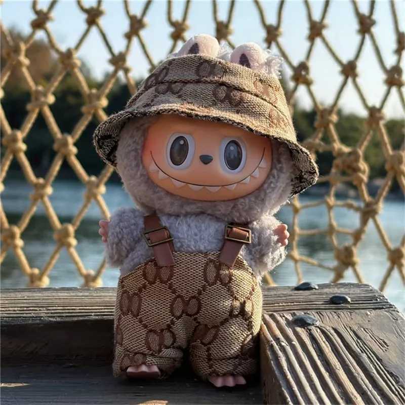 Labubu 15-17cm Retro Luxury Outfit - Monogram Overalls & Hat Set, Fashion Doll ClothesT260304