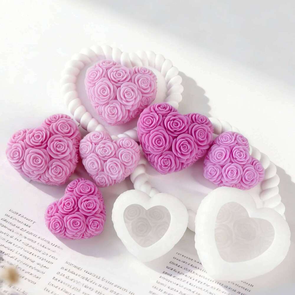 DIY Heart-Shaped Pink Flowers Silicone Handmade Scented Plaster Resin Mold Epoxy Soap Candle Making Supplies W260304