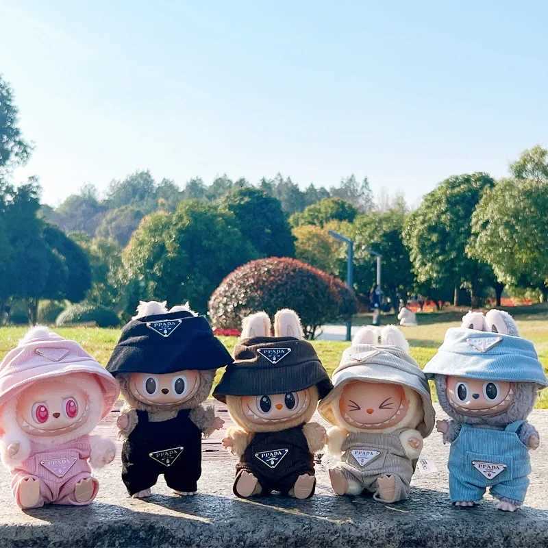 17cm Labubu Beige Corduroy Overalls & Hat Set, Luxury Doll Outfit with Triangle Logo for DIY Accessories & GiftsT260304