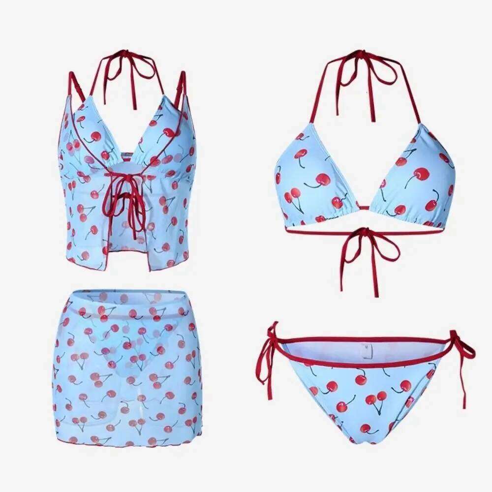 Desire Pure Color Cherry Bikini V Neck Mesh Lace Sexy Swimwear Wrap Skirt Push Up Four Piece Set Summer Holiday Y260303