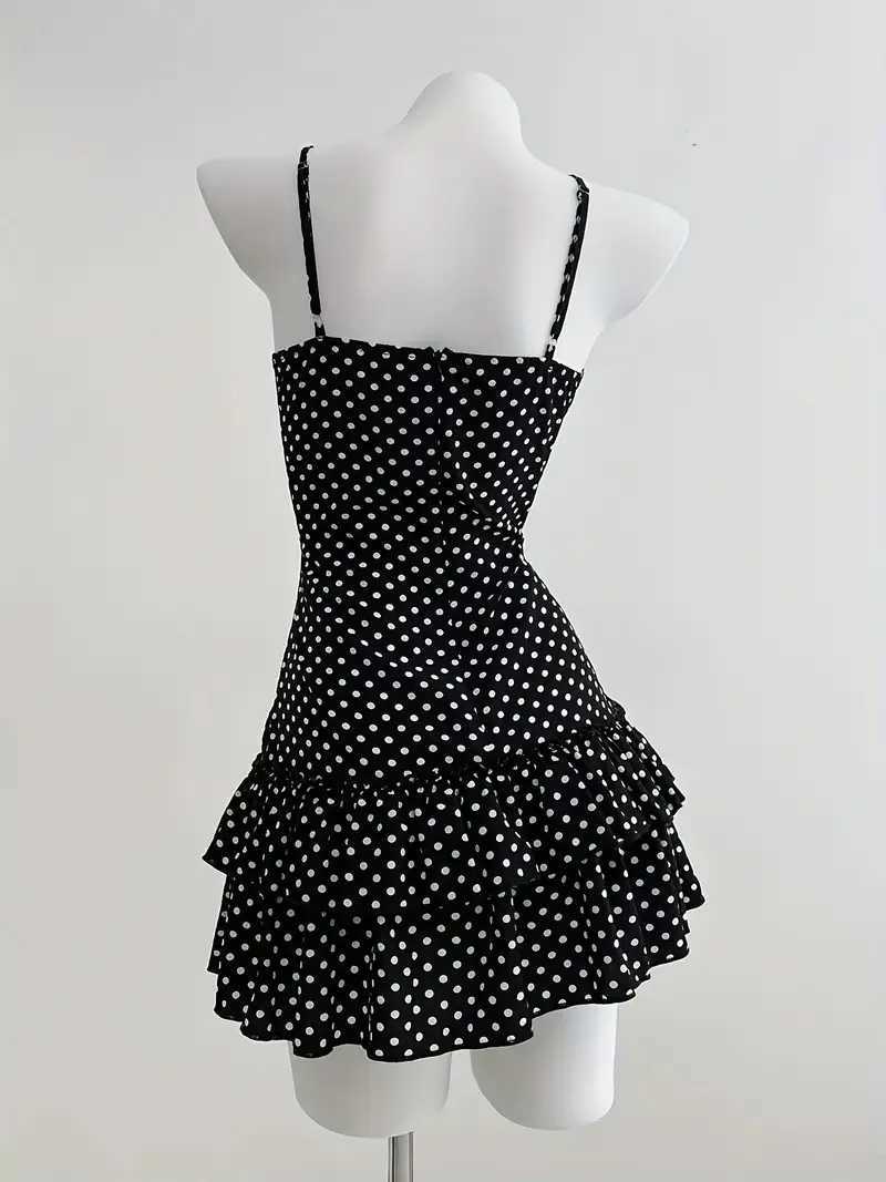 2026 New Arrival Women Y2K Black Polka Dot Cami Mini Dress V Neck Slim Fit Ruffle Hem Party Dress M260304
