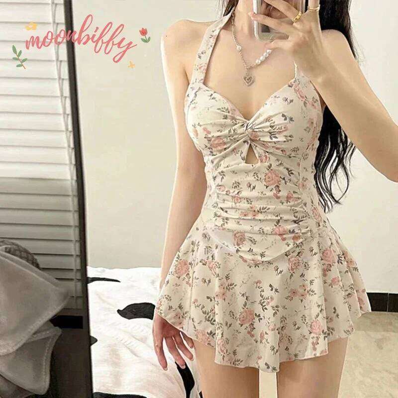 Women Hanging Neck Sweet Cute Swimwear Sexy One-piec Wear Swim Beach Dress Swimsuit High Waist Bathing Suit For Girls Y260303