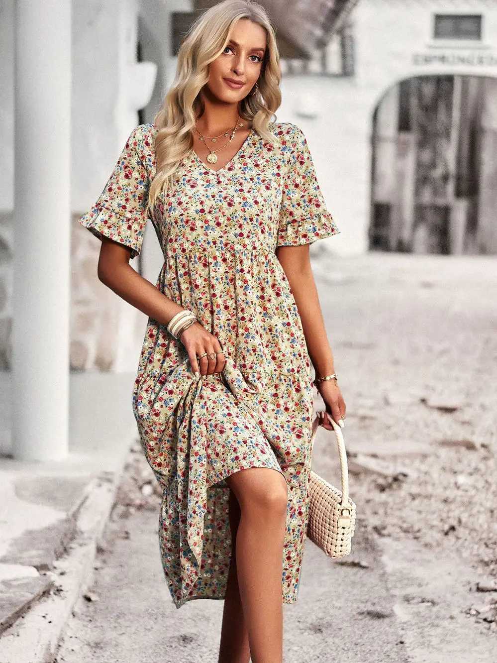 Summer Women V Neck Elegant Printed Short Sleeve High Waist A Line Floral Holiday Dress M260304