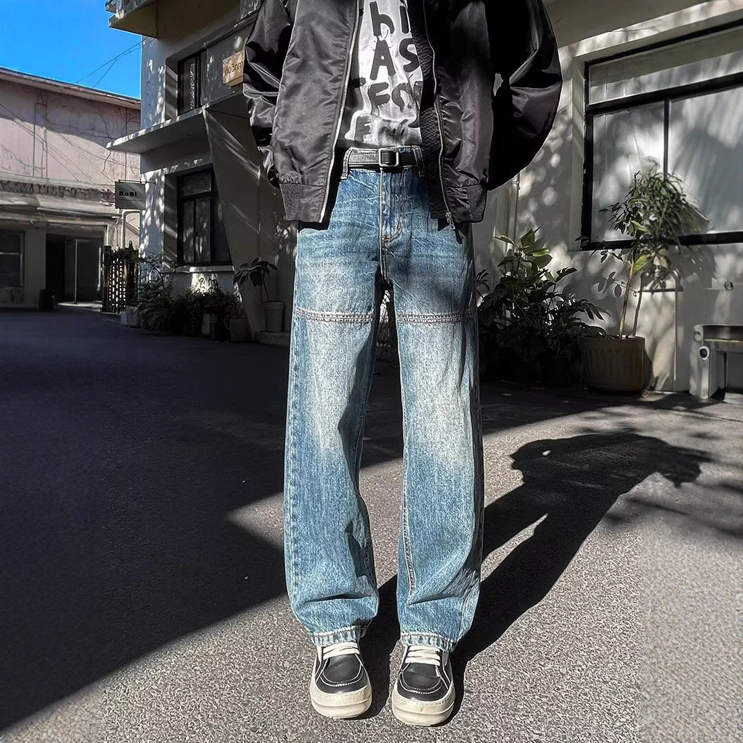 Washed Vintage Blue Loose Designer Pants Straight Jeans For Men Japanese Street Style Trendy Patchwork Design Casual Long Pants