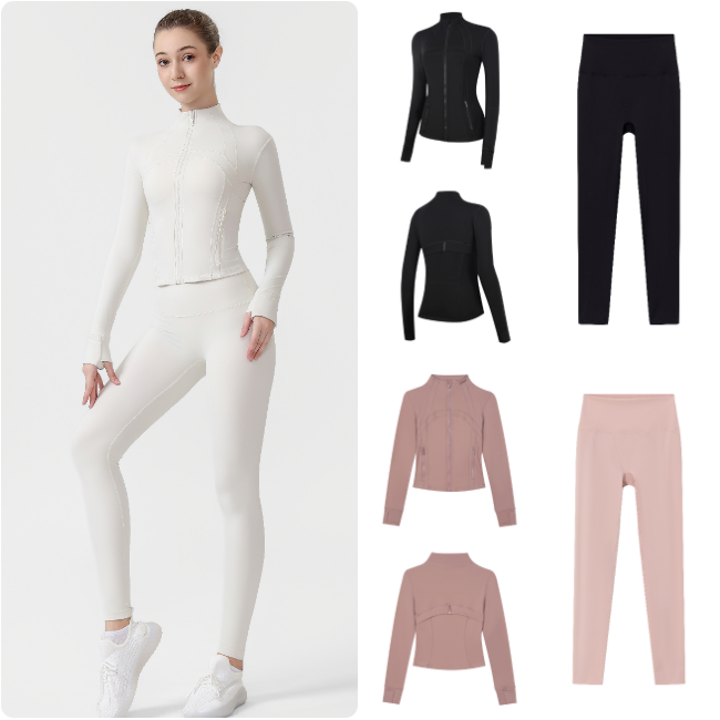designer Pilates two piece set yoga high quality Short jacket with gold zipper jackets solid casual high neck long sleeved Quick Drying fitness pencil pants