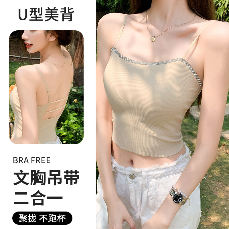 H273 Premium Designer Shirt Rhinestone-embellished Camisole With Polo Shirt Chest Pads For Designer Hoodie Women Slim-fit Short Hollow-out Beautiful Back