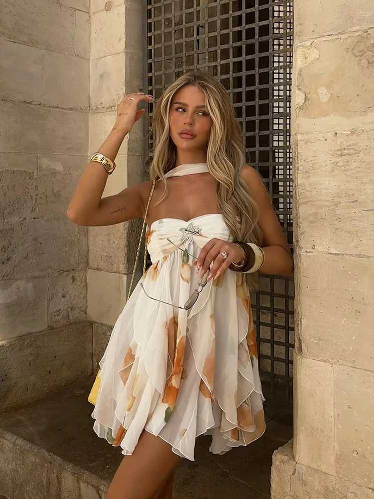 solid Irregular Ruffle print Halter Dresses Summer New Sleeveless Off Shoulder Holiday Robes Women Chic Highstreet Beach Dresses M260304