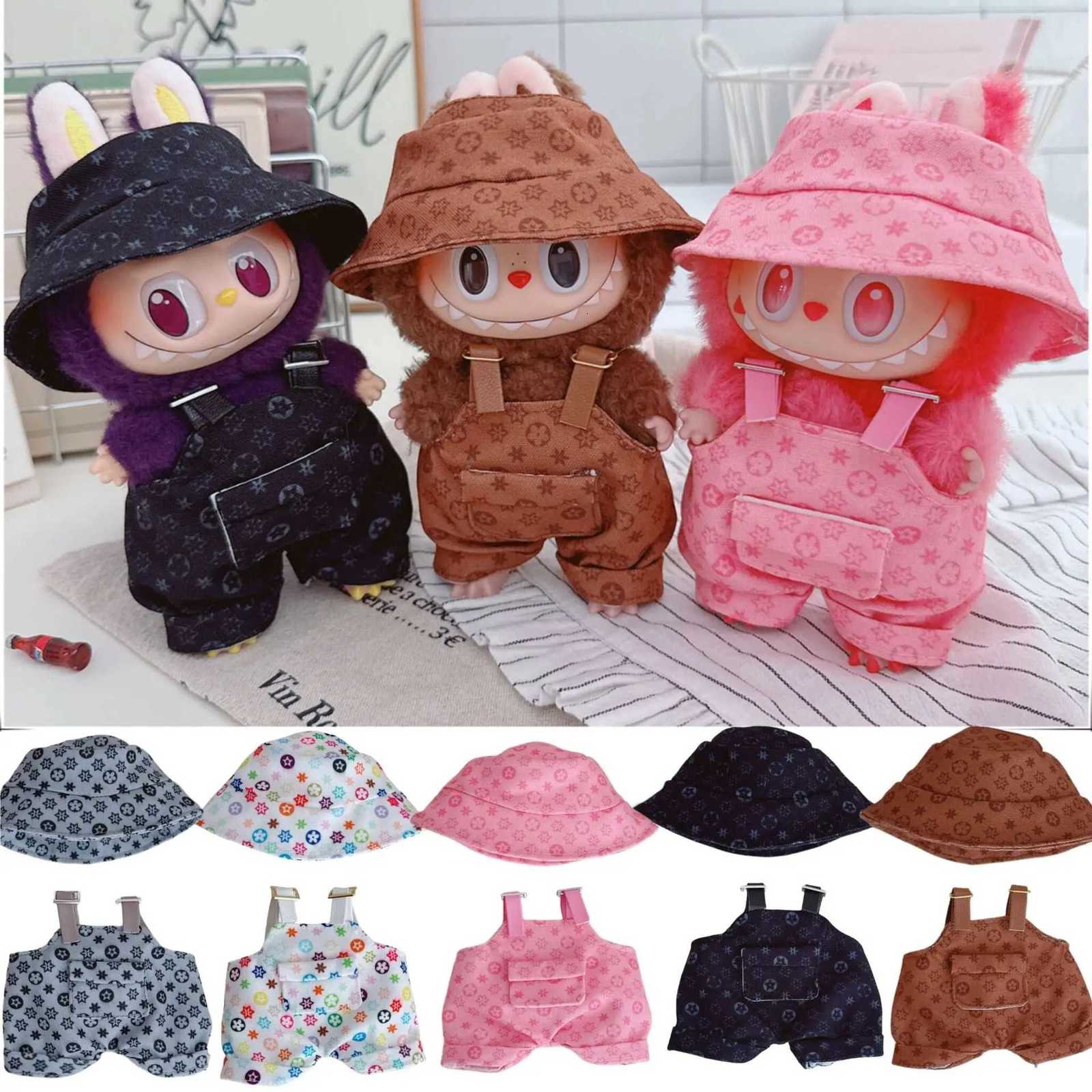 17cm Labubu Trendy Multicolor Print Fisherman Hat and Overalls Set, Cute Outfit Accessory for Labubu Doll DIY DecorationT260304