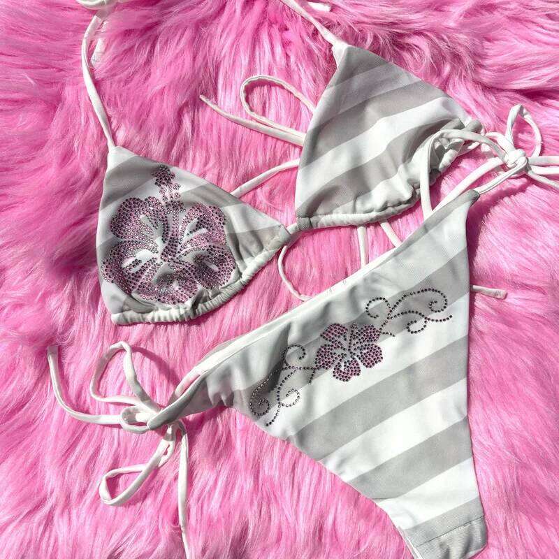 Y2K Summer Punk Spicy Girl Style fairycore Flower Hot Diamond print Hanging Neck Strap Sexy backless Holiday slim fit Bikini Set Y260303