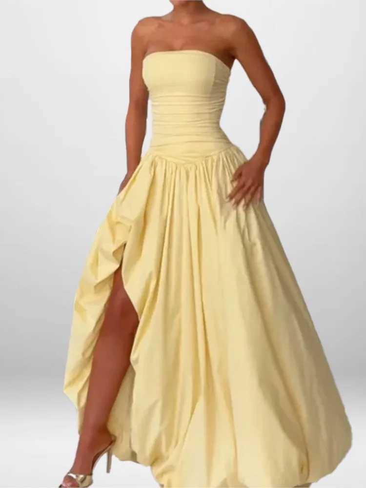 Elegant Womens Dresses Solid Color Tube Top Irregular Pleated Slit Sleeveless Robe Party Date Business Nightclub Sexy Vestidos M260304