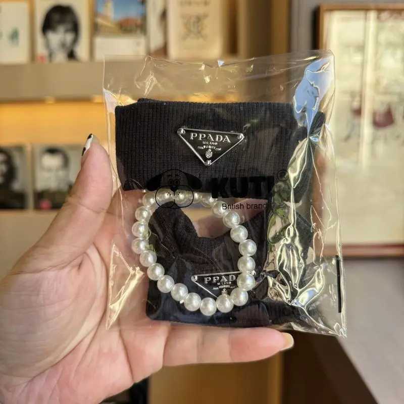 Light Blue Knit Set with Triangle Badge Beanie, Sweater & Pearl Necklace for Labubu Dolls Luxury Outfit AccessoriesT260304