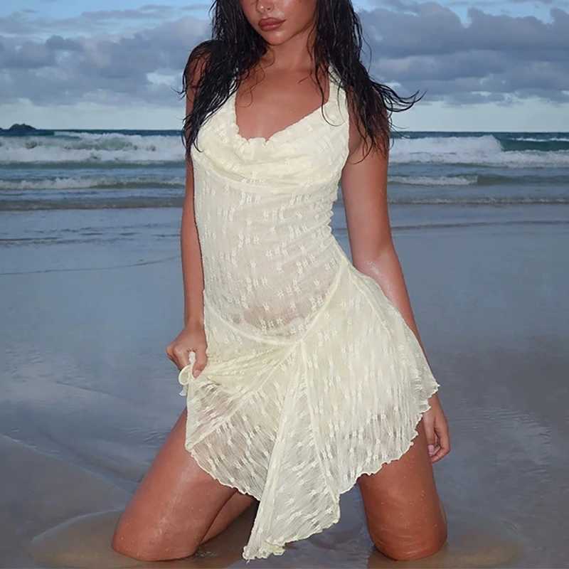 Lady Solid Backless Slim Vacation Dress Fashion Irregular Halter Ruffles Beach Dress Summer Sleeveless Off Shoulder Party Dress M260304