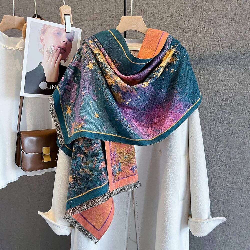 Autumn/Winter Warm Scarf 185*65cm Star Print Tassel Shawl Women's Imitation Cashmere Thickened Warps Coldproof Windproof Blanket XJ260304