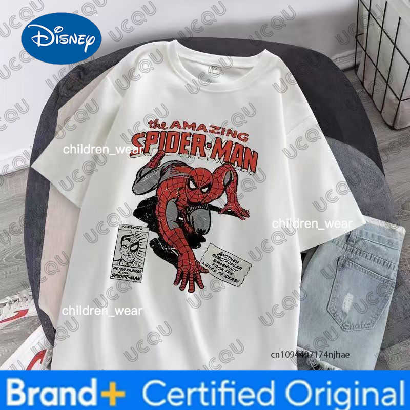 Disney Spider-man Movie Retro Comic Print Children Cotton Tshirt Summer Short Sleeve Tees Parent-child Clothes Casual Kids/Adult Tops H260304