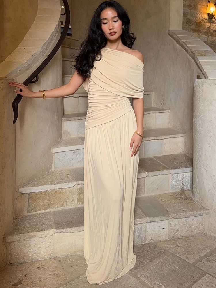 Nibber Patchwork Dress Women Inclined Shoulder Y2K Sexy Irregular Ruched Stretch Summer Temperament Classic Vestidos Clubwear M260304