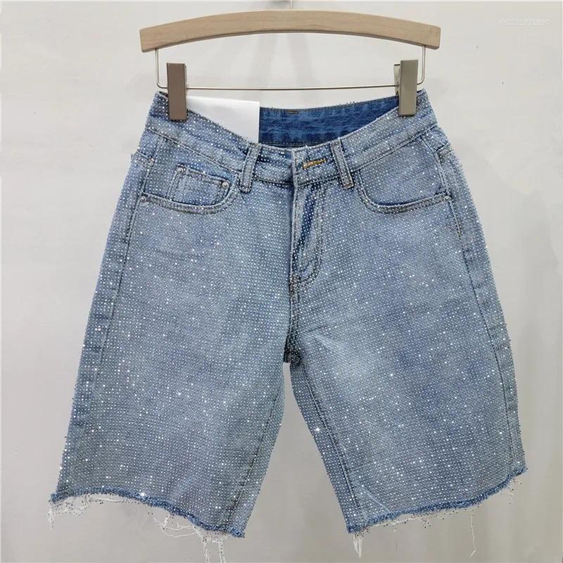Women's Shorts Denim Women Short Pants Diamonds High Waist Distressed Washed Punk Knee Length Streetwear Summer 2026 Straight Jeans