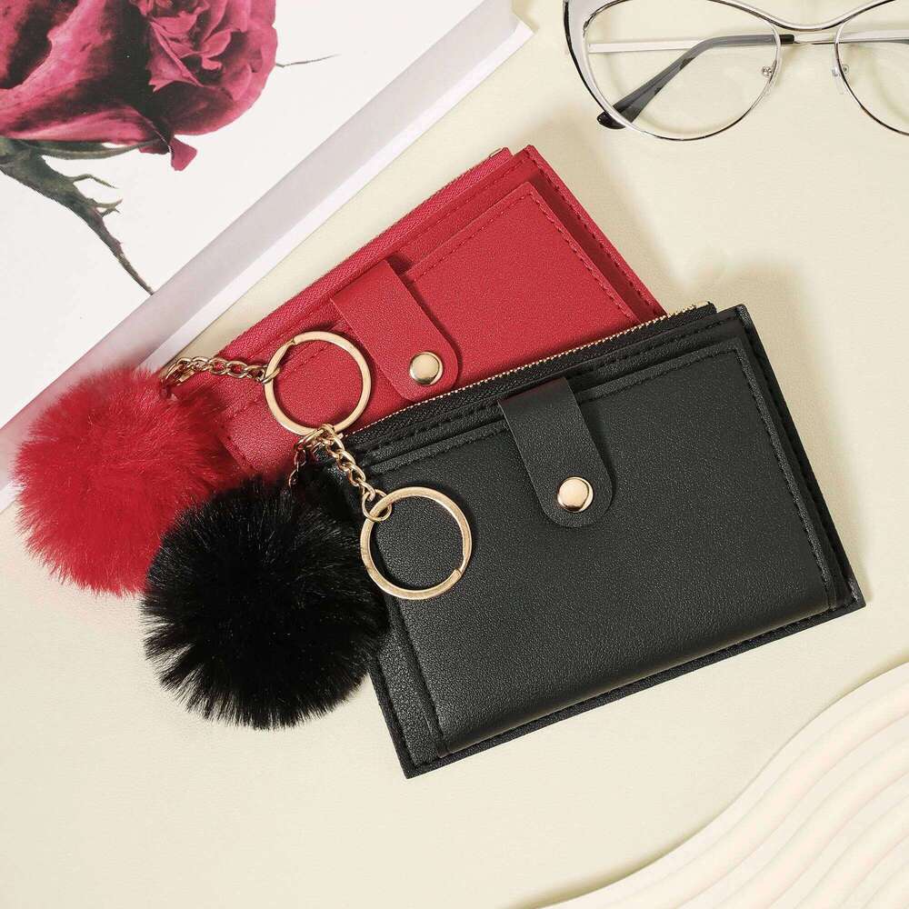 Women's Adored with a Delicate Pom pom fashionable simple short double stack wallet, lightweight and portable small credit c C260304