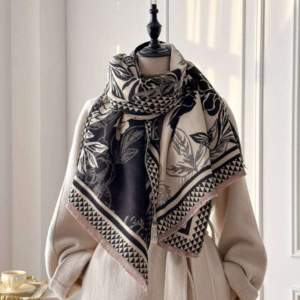 Women's Imitation Cashmere Flower Printed Scarf Lengthened Thickened Warm Shawl Winter Fashion Accessory XJ260304