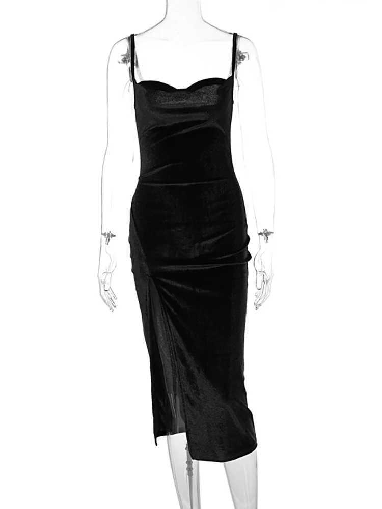 Hugcitar Velvet Swing Collar Sleeveless Slip Sexy Slit Maxi Dress 2025 New Fashion Evening Party Women Elegant Streetwear Y2K M260304