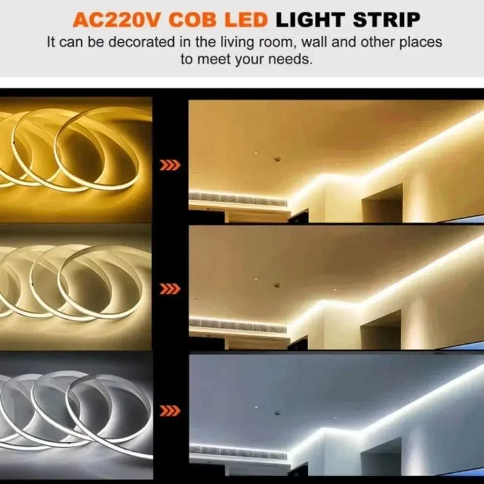 220V COB LED Strip Light Flexible Tape Lights No Need Driver High Bright 240 LEDs/m Linear Lighting Warm Cold Natural White 1-5M H260304