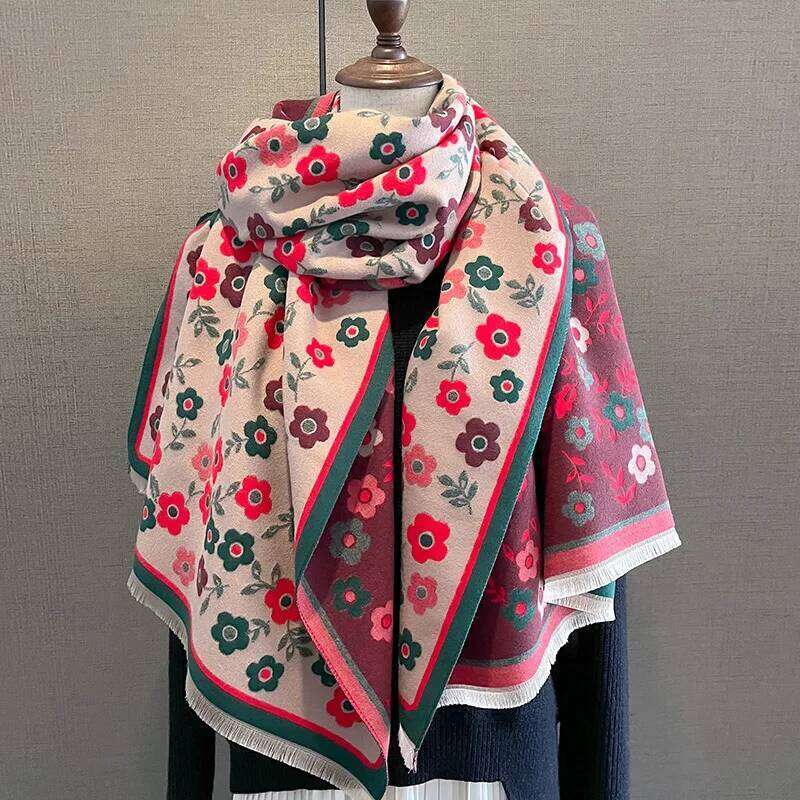 Thickened Warm Scarf Floral Tassel Pashmina Shawl For Women Faux Cashmere Warps Autumn Winter Coldproof Windproof Blanket XJ260304