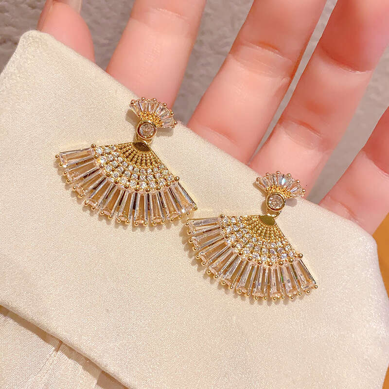 Light Luxury Style Zircon-studded Ballet Girl Skirt-shaped Fan-shaped High-end Earrings